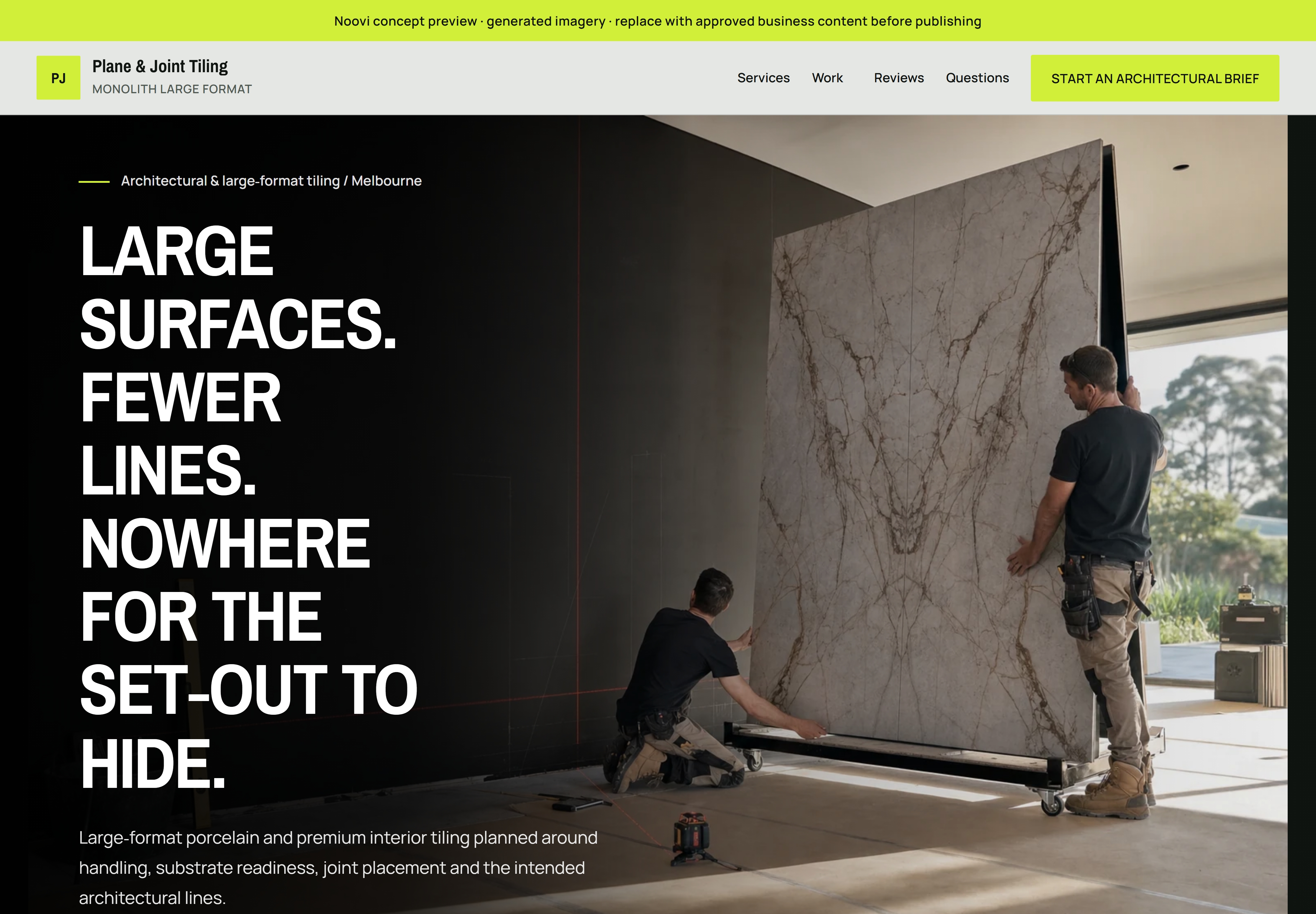 Monolith Large Format Noovi tiler design shown with the fictional Plane and Joint Tiling identity