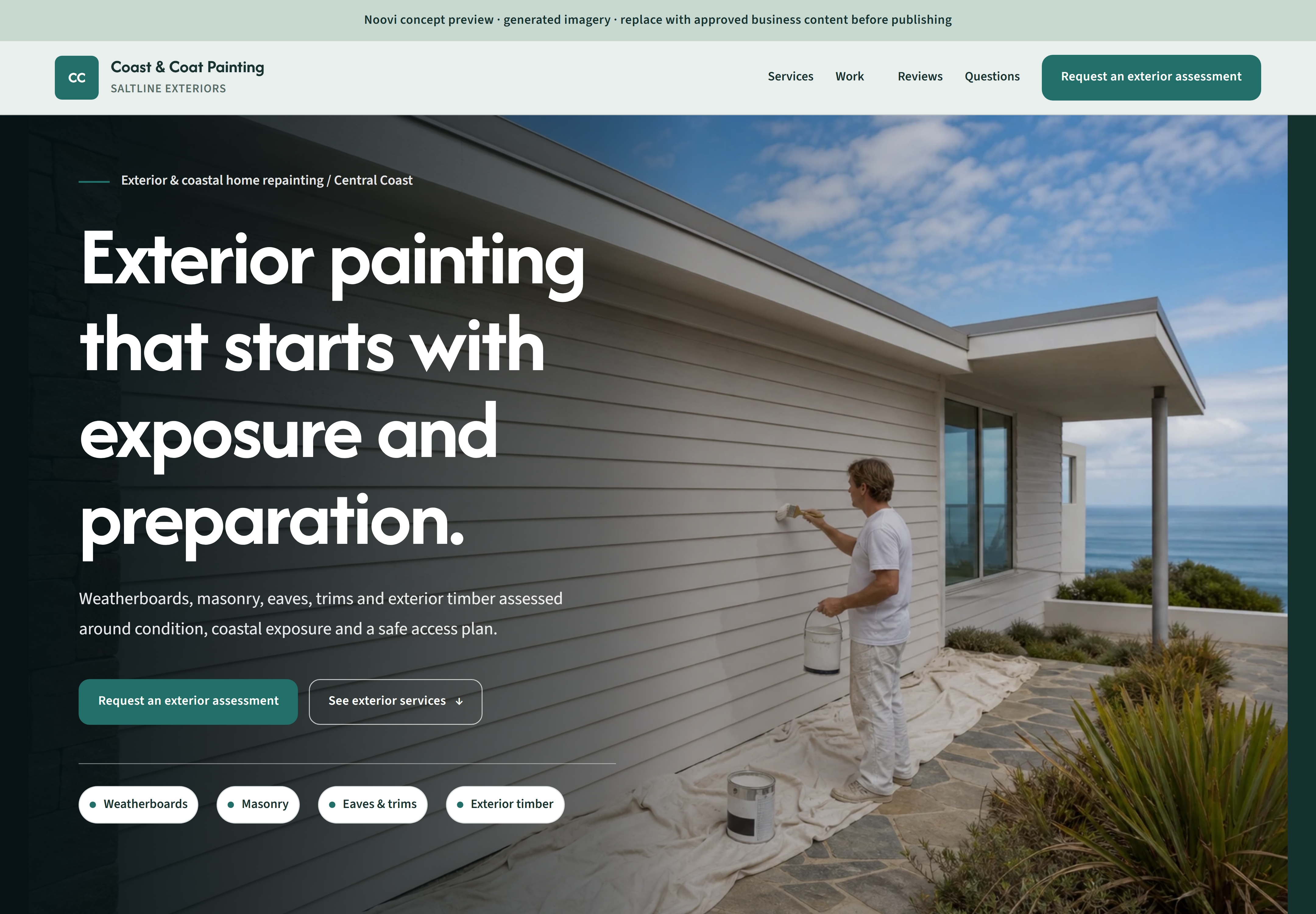 Saltline Exteriors Noovi painter design shown with the fictional Coast and Coat Painting identity
