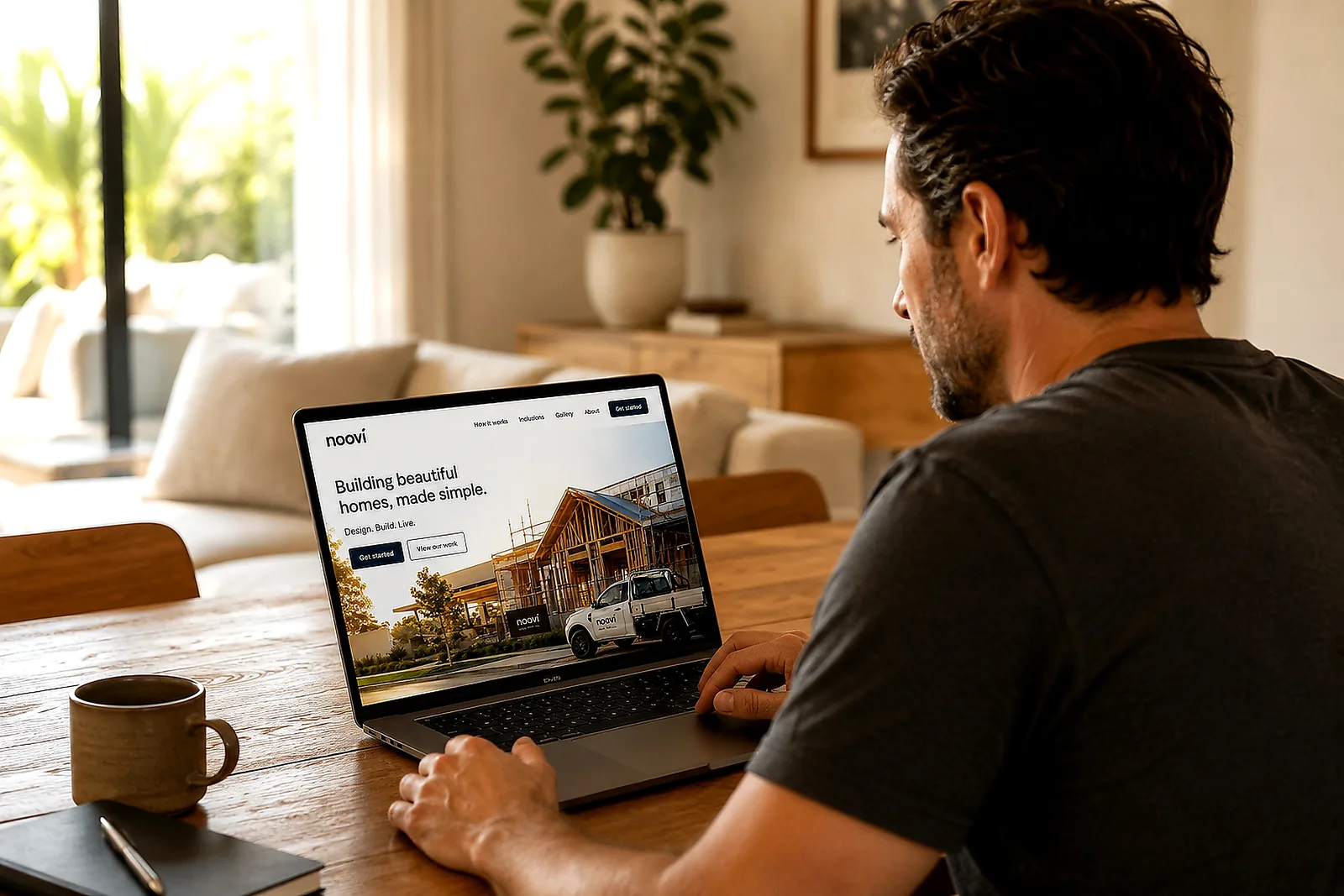 Customer reviewing a Noovi website preview on a laptop