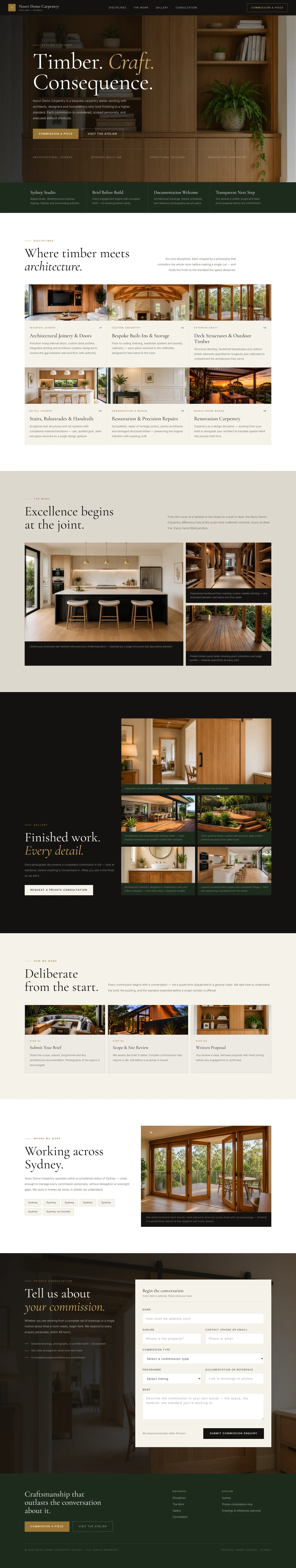 Full tablet example of a premium carpentry atelier website in warm timber, cream, black and brass colours