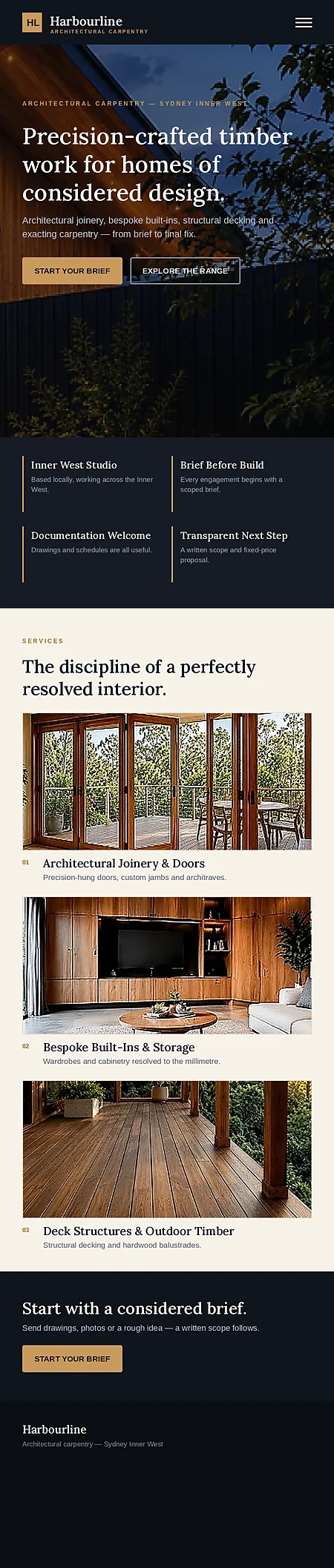 Premium carpentry website example on a phone