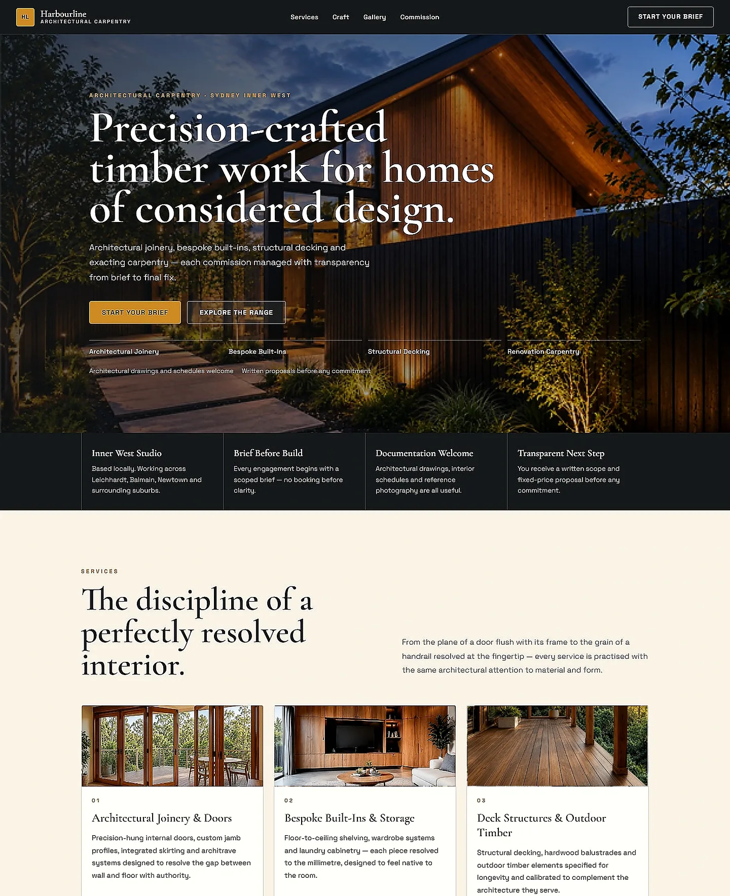 Top of a premium architectural carpentry website example on a desktop